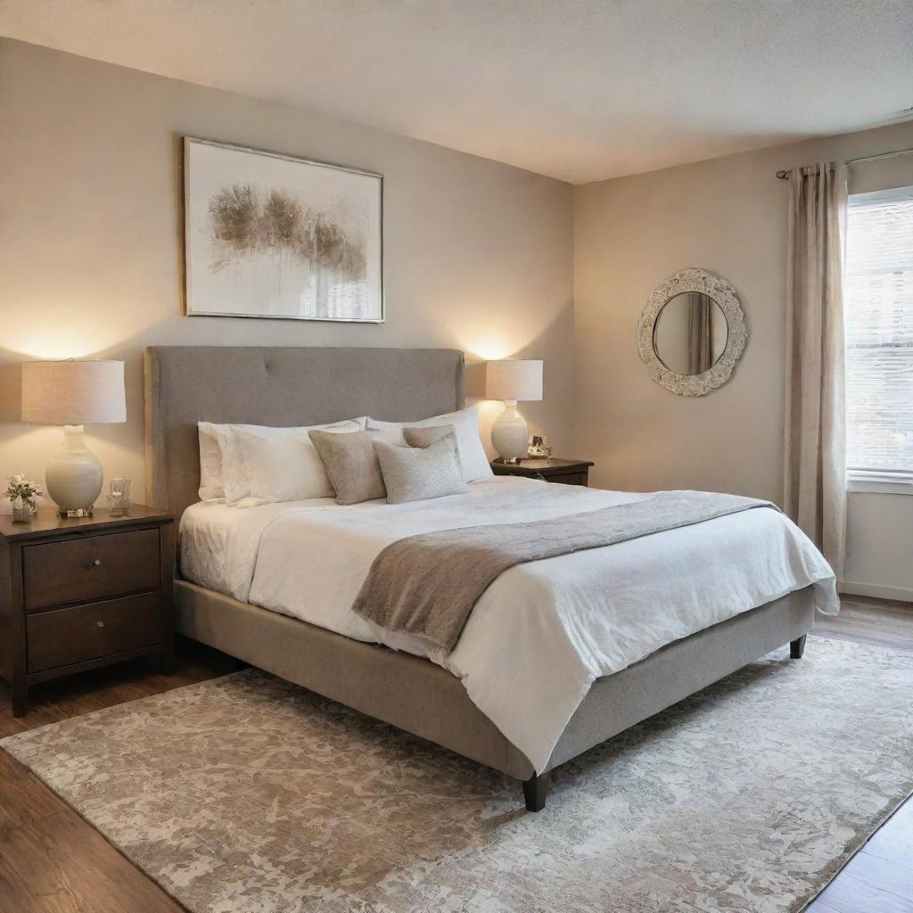 A cozy, tastefully decorated bedroom interior with a balance of natural light and warm artificial lighting. Features a comfortable king-sized bed, an elegant dresser, plush rug, and chic artwork on the walls.