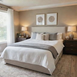 A cozy, tastefully decorated bedroom interior with a balance of natural light and warm artificial lighting. Features a comfortable king-sized bed, an elegant dresser, plush rug, and chic artwork on the walls.