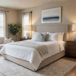 A cozy, tastefully decorated bedroom interior with a balance of natural light and warm artificial lighting. Features a comfortable king-sized bed, an elegant dresser, plush rug, and chic artwork on the walls.