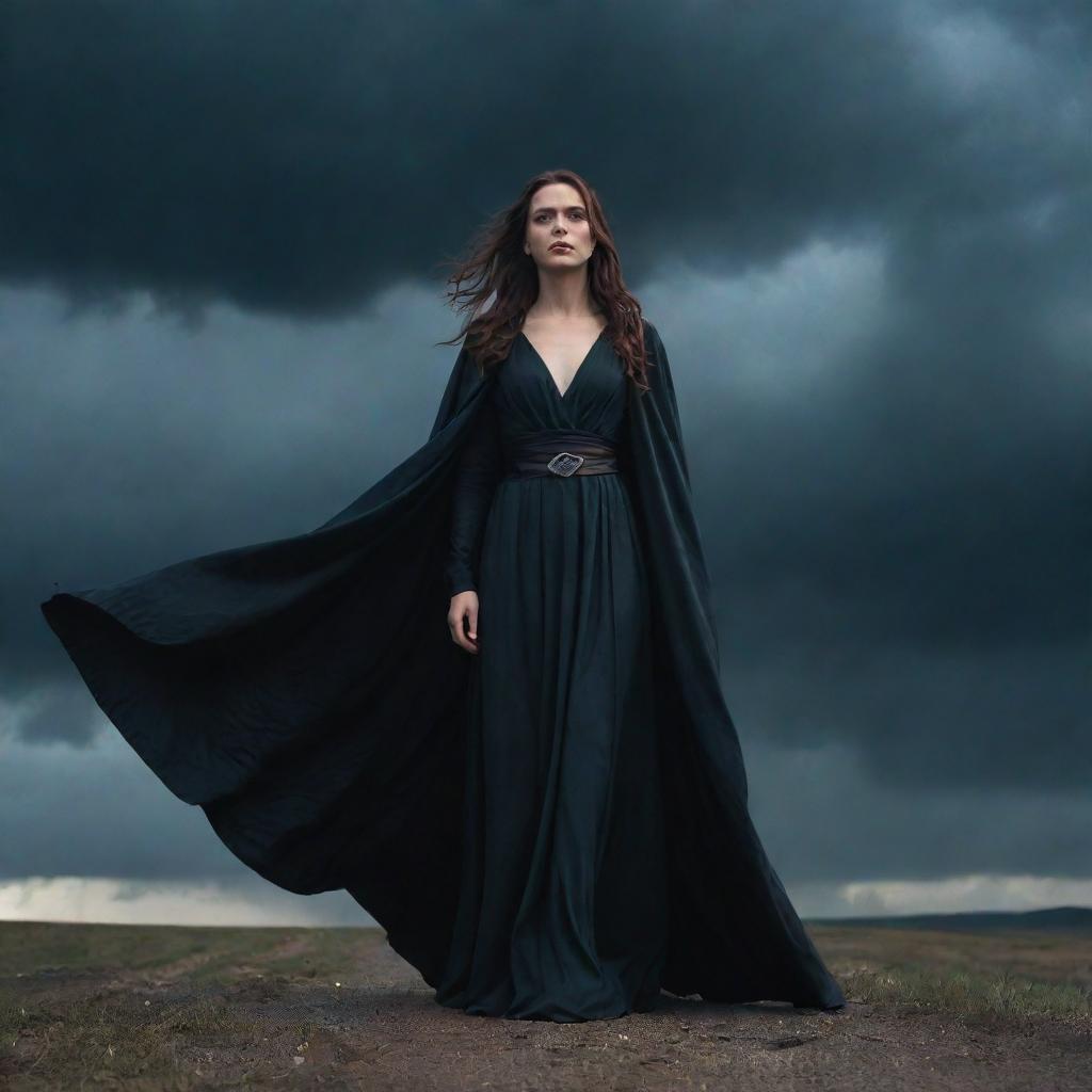 A brave young woman standing fearlessly as she captures the attention of an intimidating, evil sorceress draped in dark, flowing robes under a moody, ominous sky.