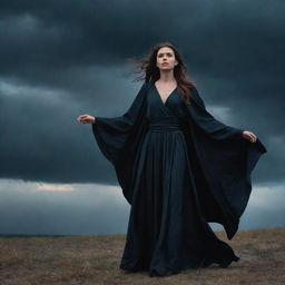 A brave young woman standing fearlessly as she captures the attention of an intimidating, evil sorceress draped in dark, flowing robes under a moody, ominous sky.