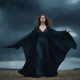 A brave young woman standing fearlessly as she captures the attention of an intimidating, evil sorceress draped in dark, flowing robes under a moody, ominous sky.