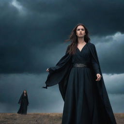 A brave young woman standing fearlessly as she captures the attention of an intimidating, evil sorceress draped in dark, flowing robes under a moody, ominous sky.