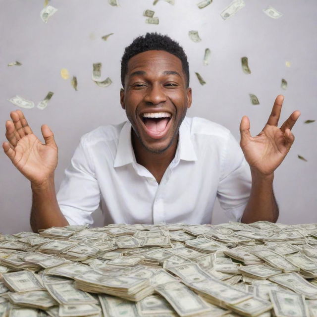 An image of a joyful individual surrounded by heaps of cash, with a bright smile on their face and a sparkling backdrop to emphasize wealth and prosperity.