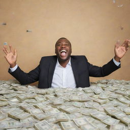 An image of a joyful individual surrounded by heaps of cash, with a bright smile on their face and a sparkling backdrop to emphasize wealth and prosperity.