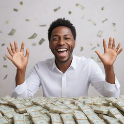 An image of a joyful individual surrounded by heaps of cash, with a bright smile on their face and a sparkling backdrop to emphasize wealth and prosperity.