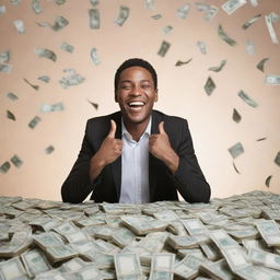 An image of a joyful individual surrounded by heaps of cash, with a bright smile on their face and a sparkling backdrop to emphasize wealth and prosperity.