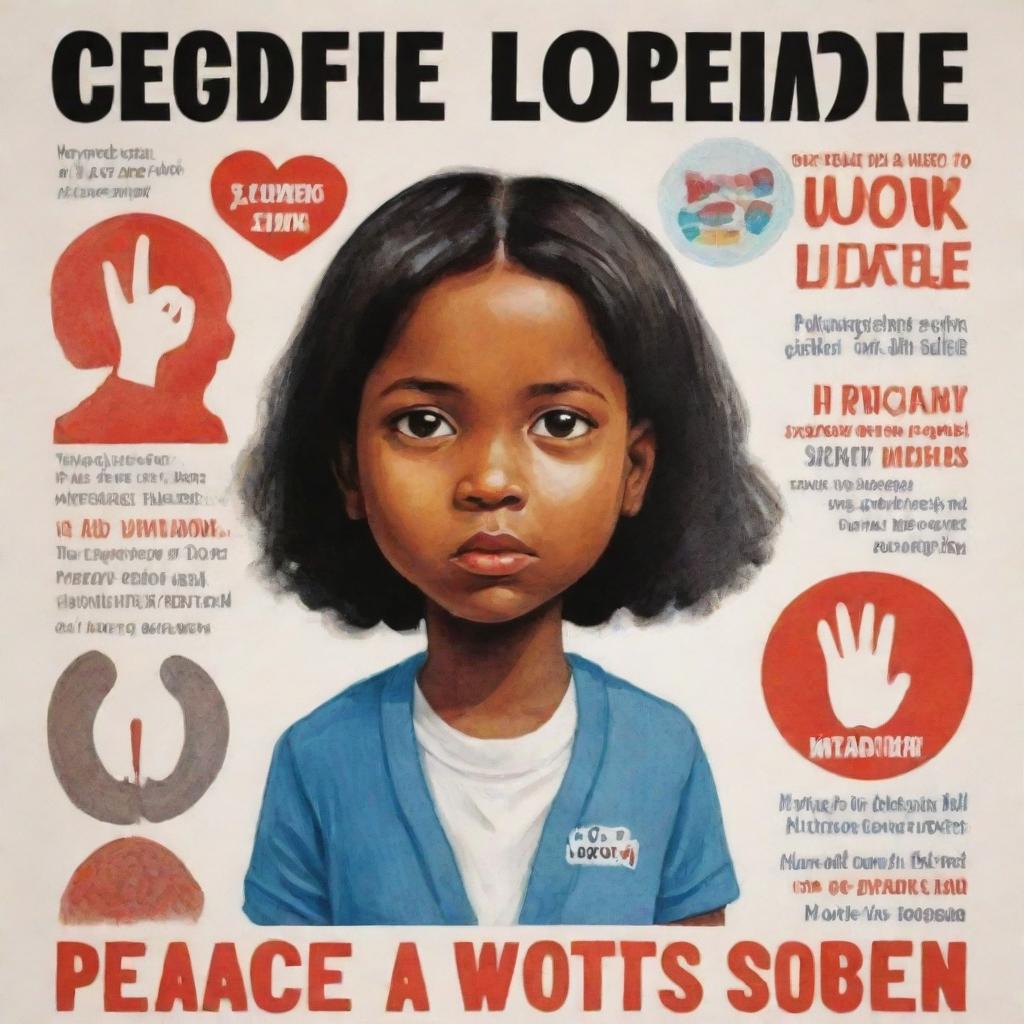 A powerful anti-child violence campaign poster, promoting peace, love, and safety for children, with bold text and compelling illustrations.