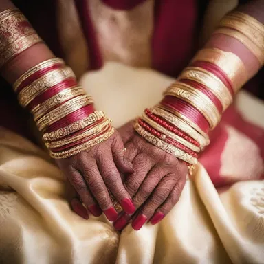 During the traditional Hindu wedding ceremony, the bride wears multiple bangles to symbolize prosperity and fertility.