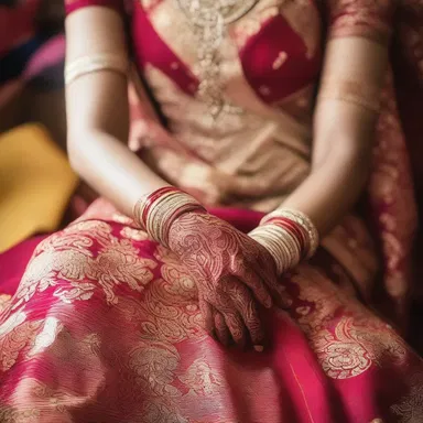 During the traditional Hindu wedding ceremony, the bride wears multiple bangles to symbolize prosperity and fertility.