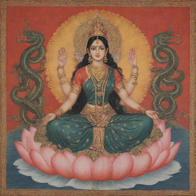 Manasa Devi, the Hindu goddess of snakes, depicted in a traditional saree, displaying her divine aura, seated on a lotus with cobras around her