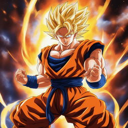 This is a high-quality digital art illustration of Goku from Dragonball Z in his Super Saiyan form, ready for battle