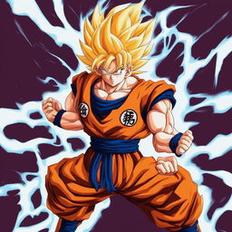 This is a high-quality digital art illustration of Goku from Dragonball Z in his Super Saiyan form, ready for battle