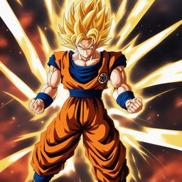 This is a high-quality digital art illustration of Goku from Dragonball Z in his Super Saiyan form, ready for battle