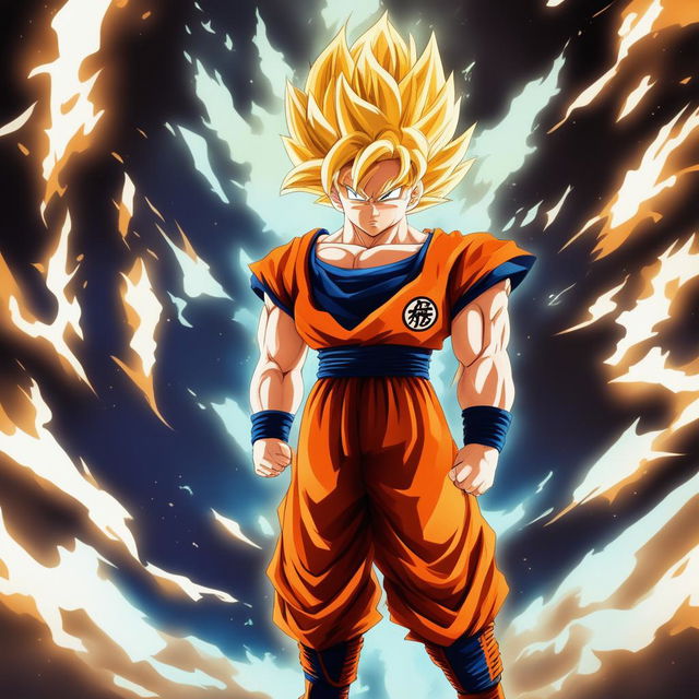 This is a high-quality digital art illustration of Goku from Dragonball Z in his Super Saiyan form, ready for battle