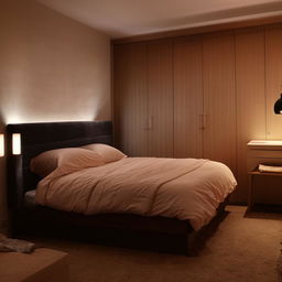 A modern renovation of a cozy, outdated bedroom, with stylish furniture, ambient lighting, and contemporary decor.