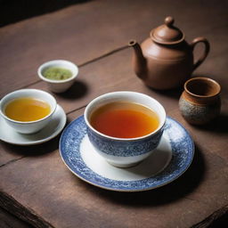 A steaming cup of traditional Pakistani tea, served in a classic ceramic cup on a rustic wooden table with condiments laying by the side.