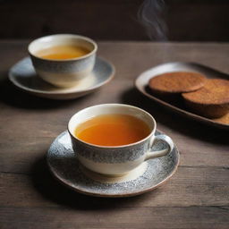 A steaming cup of traditional Pakistani tea, served in a classic ceramic cup on a rustic wooden table with condiments laying by the side.