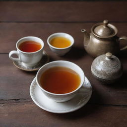 A steaming cup of traditional Pakistani tea, served in a classic ceramic cup on a rustic wooden table with condiments laying by the side.