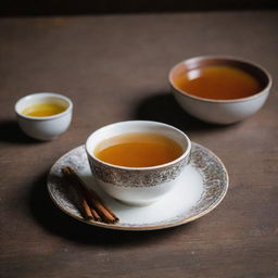 A steaming cup of traditional Pakistani tea, served in a classic ceramic cup on a rustic wooden table with condiments laying by the side.