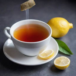 A steaming cup of aromatic tea filled to the brim, with a vibrant tea bag string hanging over the side and a lemon slice resting on the saucer.