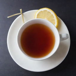 A steaming cup of aromatic tea filled to the brim, with a vibrant tea bag string hanging over the side and a lemon slice resting on the saucer.