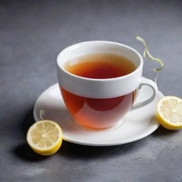 A steaming cup of aromatic tea filled to the brim, with a vibrant tea bag string hanging over the side and a lemon slice resting on the saucer.