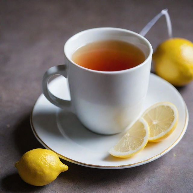 A steaming cup of aromatic tea filled to the brim, with a vibrant tea bag string hanging over the side and a lemon slice resting on the saucer.