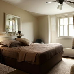 A modern renovation of a cozy, outdated bedroom, with stylish furniture, ambient lighting, and contemporary decor.