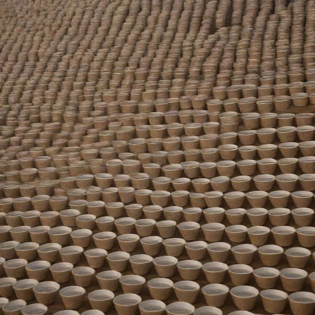 An astounding array of 100,000 cups of steaming tea, each cup unique yet harmoniously co-existing.