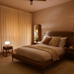 A modern renovation of a cozy, outdated bedroom, with stylish furniture, ambient lighting, and contemporary decor.