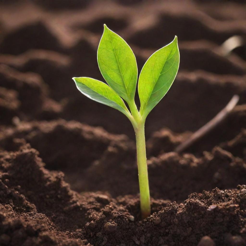 A vibrant close-up image of a green sprout emerging from rich brown soil, welcoming the sunlight.