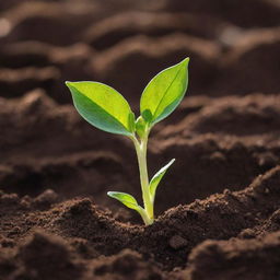 A vibrant close-up image of a green sprout emerging from rich brown soil, welcoming the sunlight.