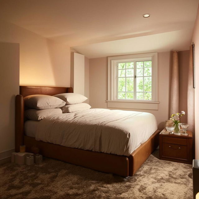 A modern renovation of a cozy, outdated bedroom, with stylish furniture, ambient lighting, and contemporary decor.