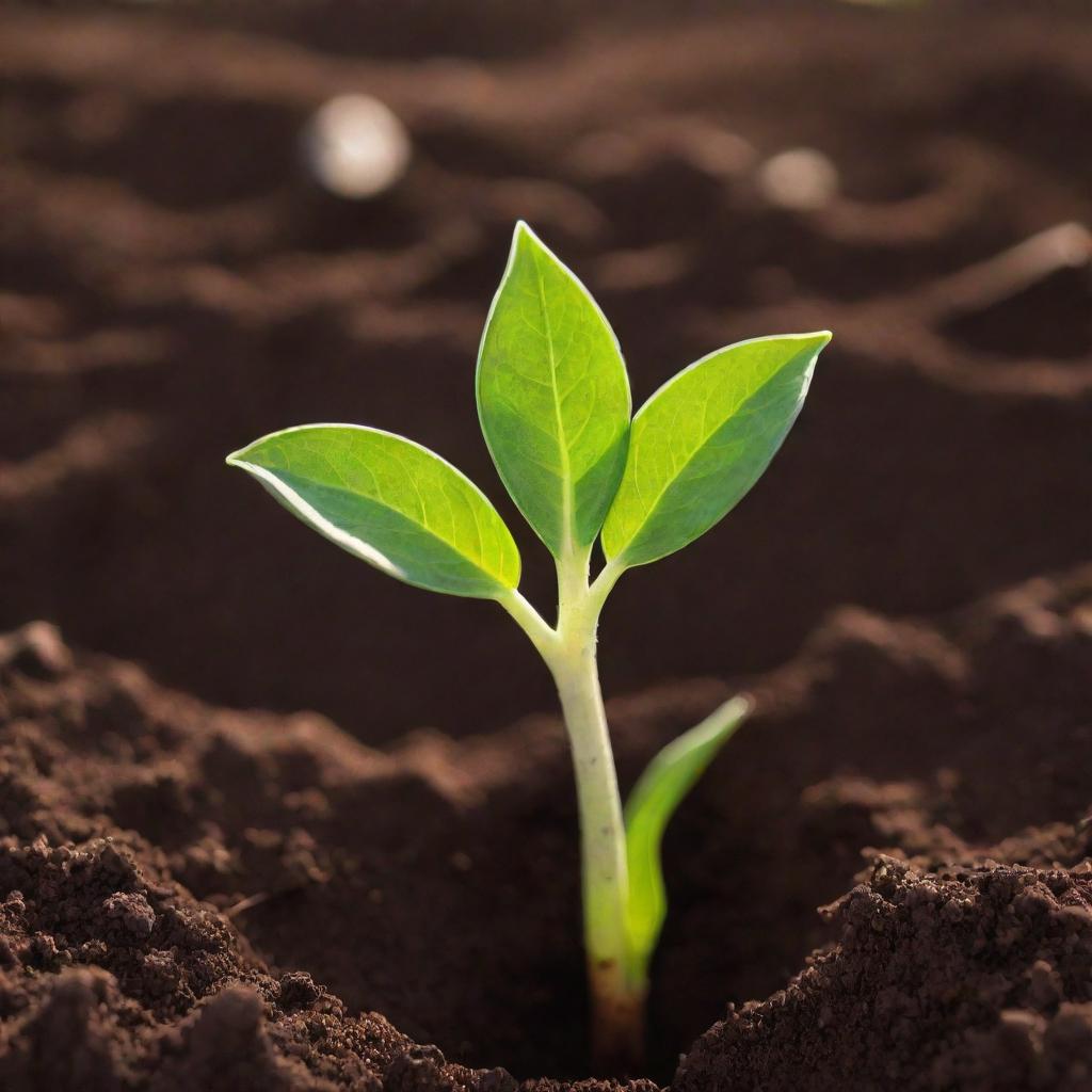 A vibrant close-up image of a green sprout emerging from rich brown soil, welcoming the sunlight.