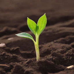 A vibrant close-up image of a green sprout emerging from rich brown soil, welcoming the sunlight.