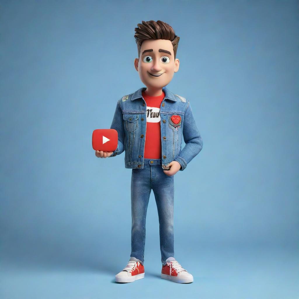 3D illustration of a trendy animated character holding the Youtube logo. Character wears a denim jacket and sneakers. Background includes the username '@medkas'.