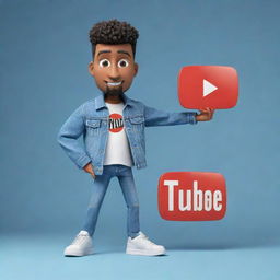 3D illustration of a trendy animated character holding the Youtube logo. Character wears a denim jacket and sneakers. Background includes the username '@medkas'.