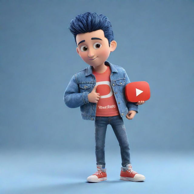 3D illustration of a stylish animated character holding the Youtube logo. The character is dressed in a denim jacket and sneakers with the username '@medkas' in the background.