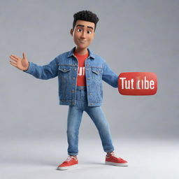 3D illustration of a modern animated character interacting with the Youtube logo. The character is dressed in a denim jacket and sneakers. Background features the phrase 'Channel med kas'.