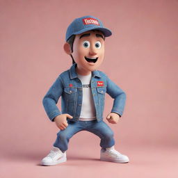 3D illustration of a modern animated character interacting with the Youtube logo. The character is dressed in a denim jacket and sneakers. Background features the phrase 'Channel med kas'.