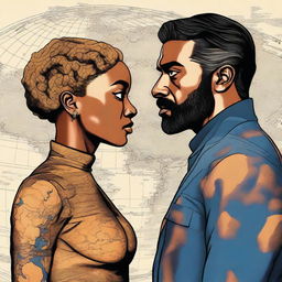 A high-quality digital art piece showcasing a global conflict between Tati Gabrielle and Oscar Isaac