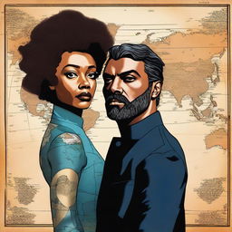 A high-quality digital art piece showcasing a global conflict between Tati Gabrielle and Oscar Isaac