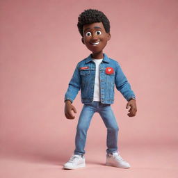 3D illustration of a modern animated character interacting with the Youtube logo. The character is dressed in a denim jacket and sneakers. Background features the phrase 'Channel med kas'.