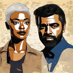 A high-quality digital art piece showcasing a global conflict between Tati Gabrielle and Oscar Isaac