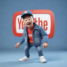 3D illustration of a modern animated character interacting with the Youtube logo. The character is dressed in a denim jacket and sneakers. Background features the phrase 'Channel med kas'.