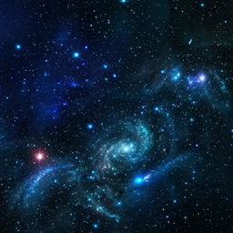 A cosmic space background blending dark blue and black with twinkling stars and distant galaxies.