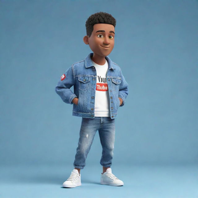 3D illustration of an animated character with modern casual clothing, like a denim jacket and sneakers, using the Youtube logo. Background includes the text 'Channel med kas'.