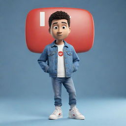 3D illustration of an animated character engaging with the Youtube logo. The character is clad in contemporary, casual gear like a denim jacket and sneakers, with 'Channel med kas' featured in the backdrop.