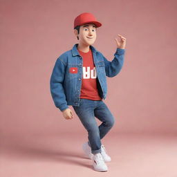 3D illustration of an animated character engaging with the Youtube logo. The character is clad in contemporary, casual gear like a denim jacket and sneakers, with 'Channel med kas' featured in the backdrop.